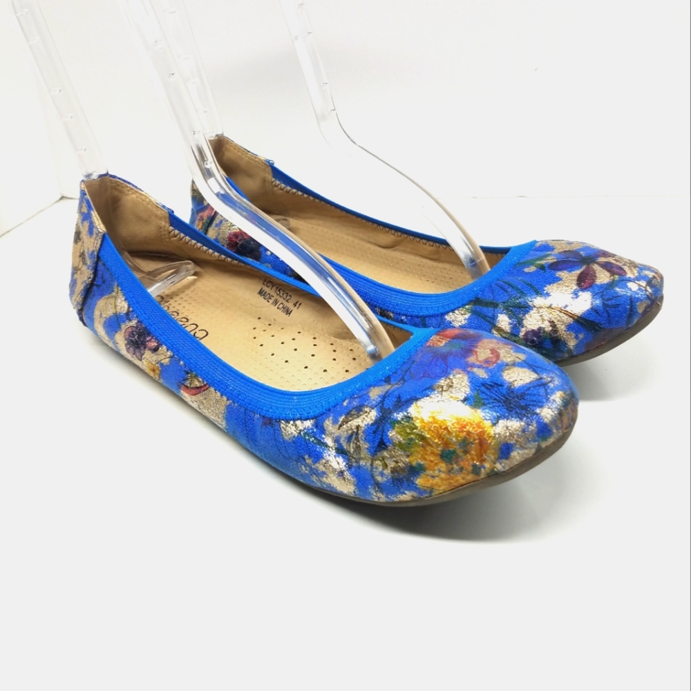 Floral Goldtone Goldfoil Blue Flats